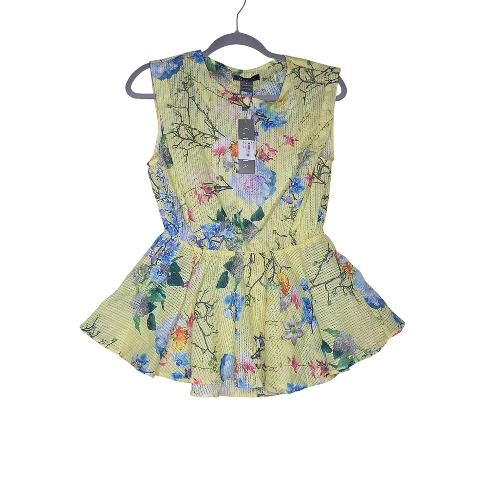 NWT Gracia‎ Yellow Floral Peplum Top Sleeveless Open Back Textured Mesh Size M